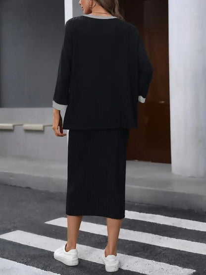 Kadın Uzun Kollu Yakası Açık şardonlu Kaşkorse Bluz Ve Eteği Bağcıklı Ikili Takım