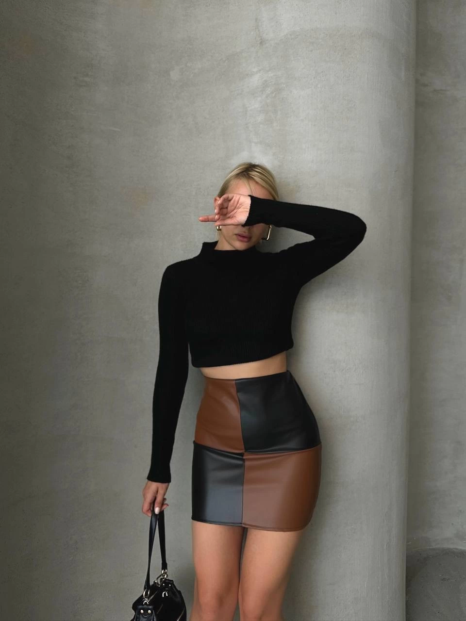 Damalı deri etek siyah kahve w24648