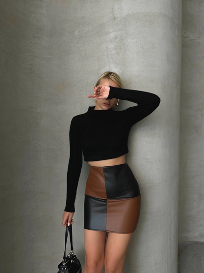 Damalı deri etek siyah kahve w24648