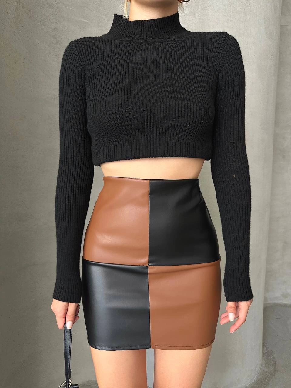 Damalı deri etek siyah kahve w24648