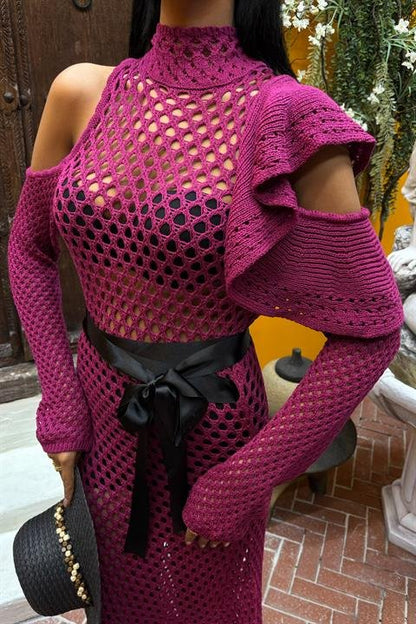 Saten Kuşaklı Ajurlu Triko Elbise 2847