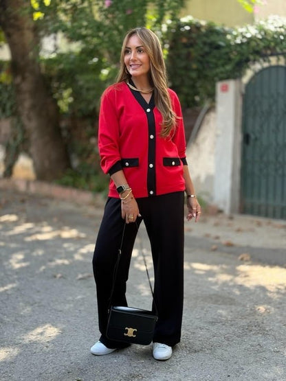 Kadın Uzun Kollu Ribanali Cep Detay Hırka Ve Bol Paça Pantolon Ikili Takım