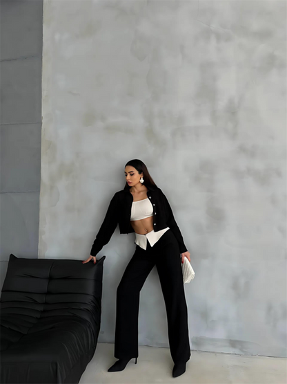 KETEN GÖMLEK-CROP-SALAŞ PANTOLON TAKIM - Siyah