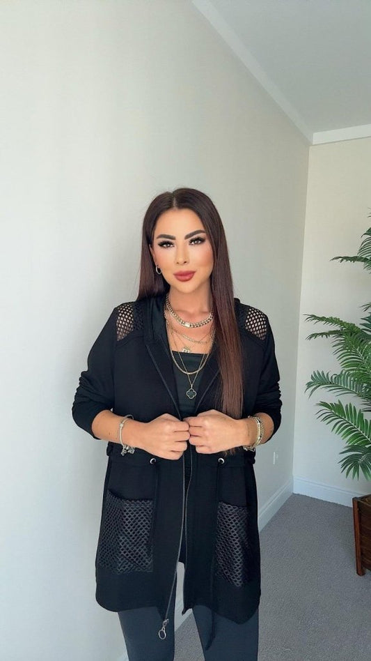 Kadın Uzun Kollu önü Fermuarlı File Detaylı Belden Bağcıklı Kısa Modal Ceket