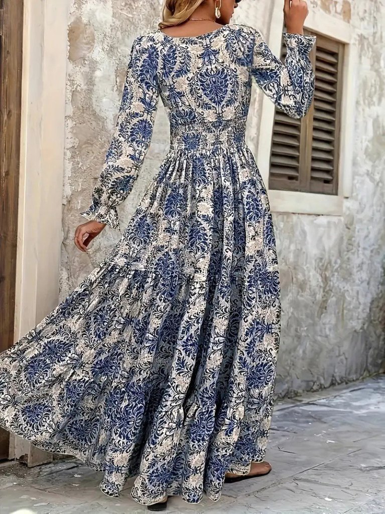 Kadın Uzun Kollu V Yakalı Desenli Süprem Elbise