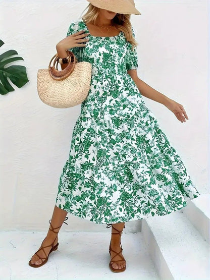 Kadın Kısa Kollu Kare Yakalı Lastikli Desenli Süprem Elbise