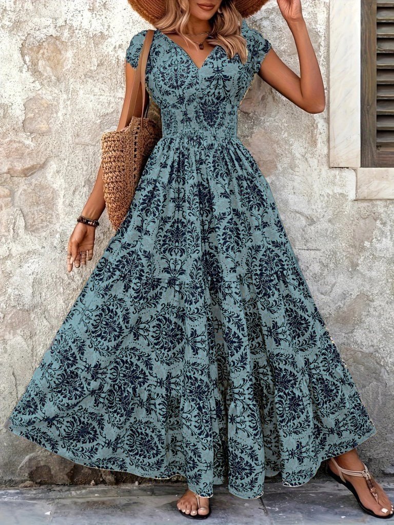 Kadın Kısa Kollu Kruvaze Yaka Beli Lastikli Süprem Maksi Boy Elbise