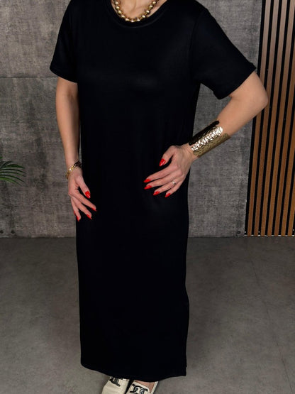 Kadın Kısa Kollu Bisiklet Yaka Yırtmaçlı Viskon Iki Iplik Elbise