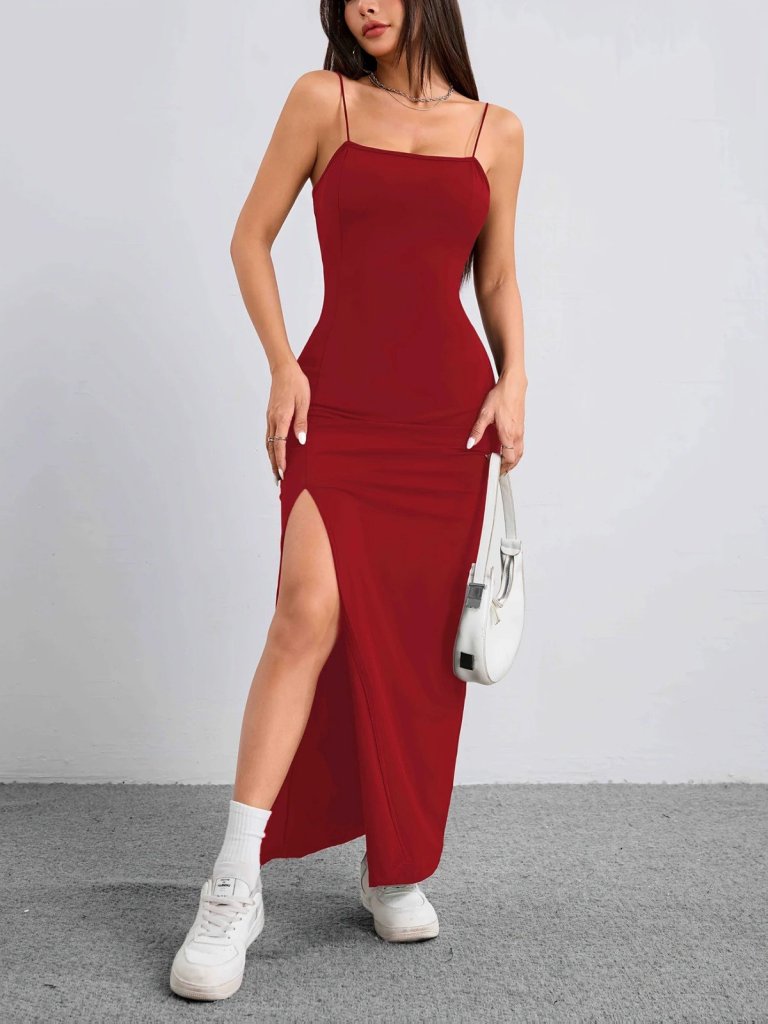 Kadın Ip Askılı Yandan Yırtmaçlı Janjan Krep Elbise