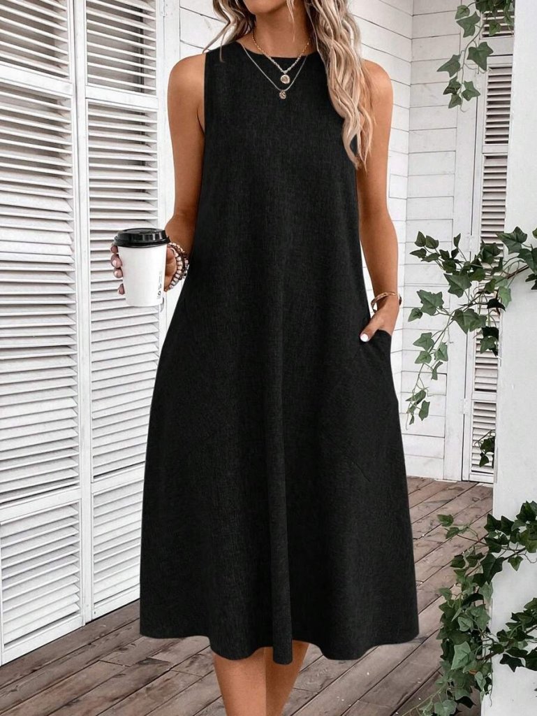 Kadın Kolsuz Bisiklet Yaka Cepli Midi Keten Elbise