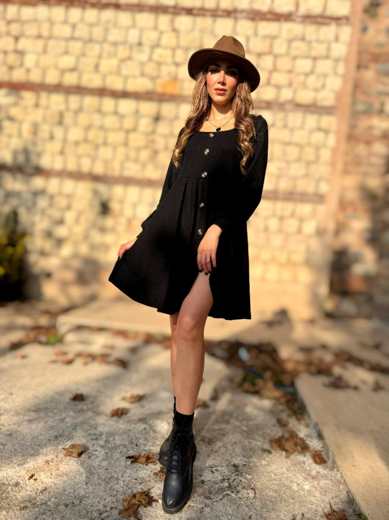 Kadın Uzun Kollu Kare Yaka Düğmeli Kısa şardonlu Iki Iplik Mini Elbise