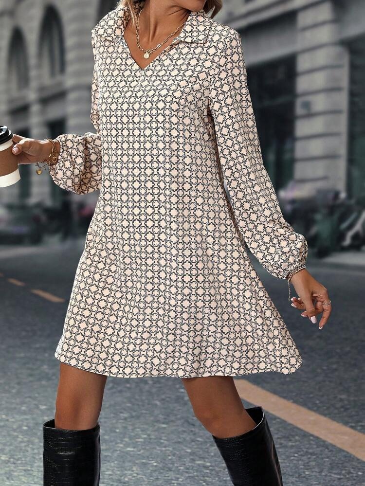 Kadın Uzun Kollu Yakalı Desenli Mini Modal Elbise