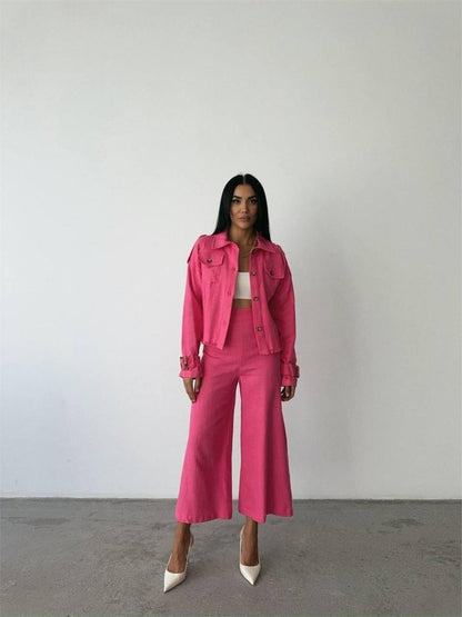 KETEN PÜSKÜL DETAYLI GÖMLEK-PANTOLON TAKIM - Fuşya