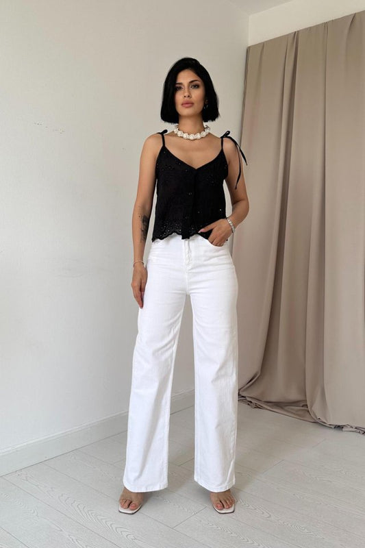 Siyah Bağcıklı Brode Bluz