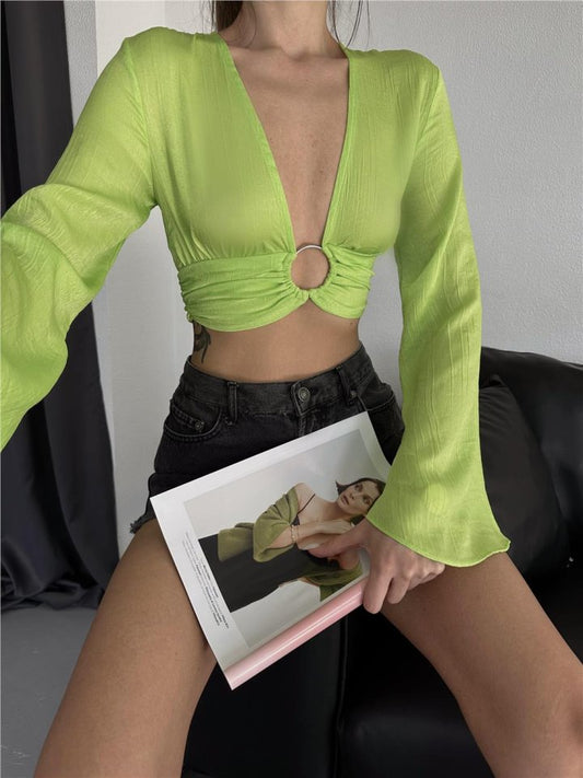 SATEN CROP TOKA DETAYLI BLUZ - Yeşil