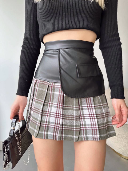 Deri garnili cepli ekose etek siyah s24604