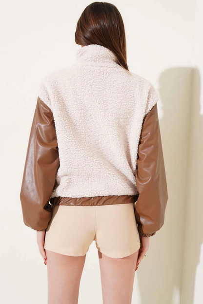 Deri garnili cepli peluş mont taba t1253