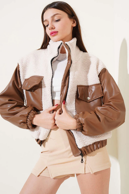 Deri garnili cepli peluş mont taba t1253