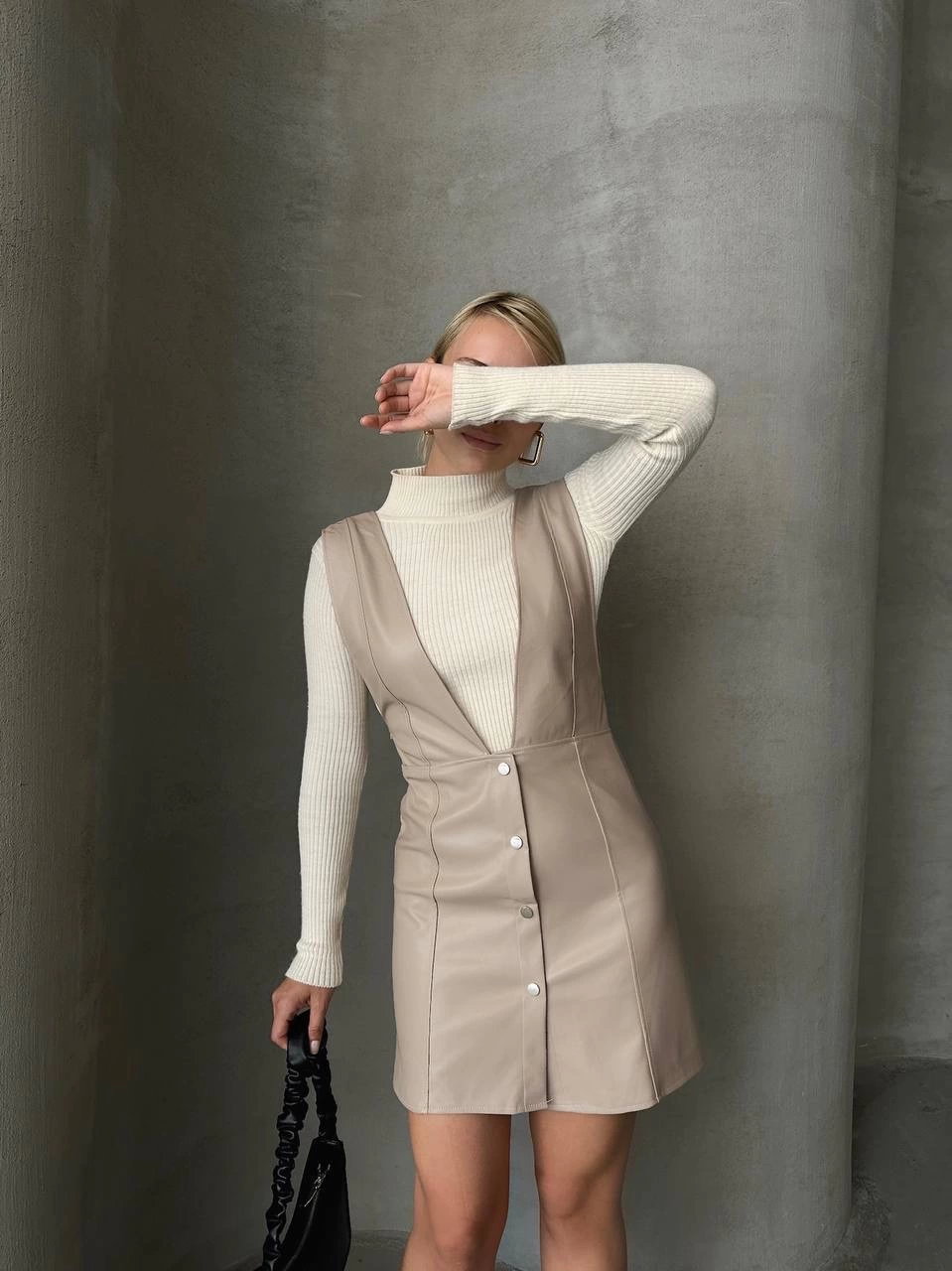 Deri jile elbise bej w24796