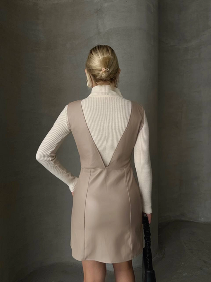 Deri jile elbise bej w24796