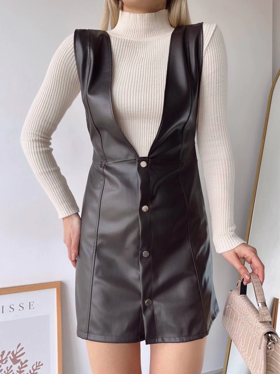 Deri jile elbise kahve w24796