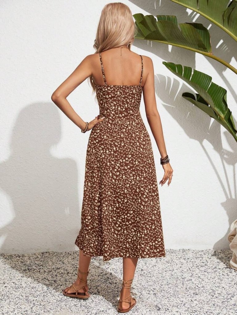 Kadın Ip Askılı Geniş V Yaka Bağcıklı Yandan Yırtmaçlı çiçek Desenli Midi Süprem Elbise