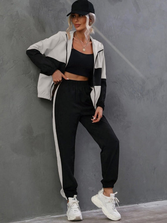 Kadın Uzun Kollu Kapşonlu önden Fermuarlı Viskon Iki Iplik Bluz Ve Pantolon Ikili Takım