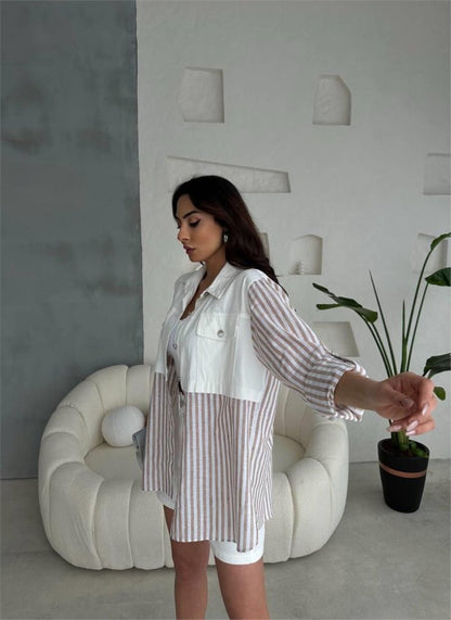 GABARDİN ŞORT - GABARDİN - ÇİZGİLİ KETEN GARNİLİ CEKET TAKIM - Kahverengi