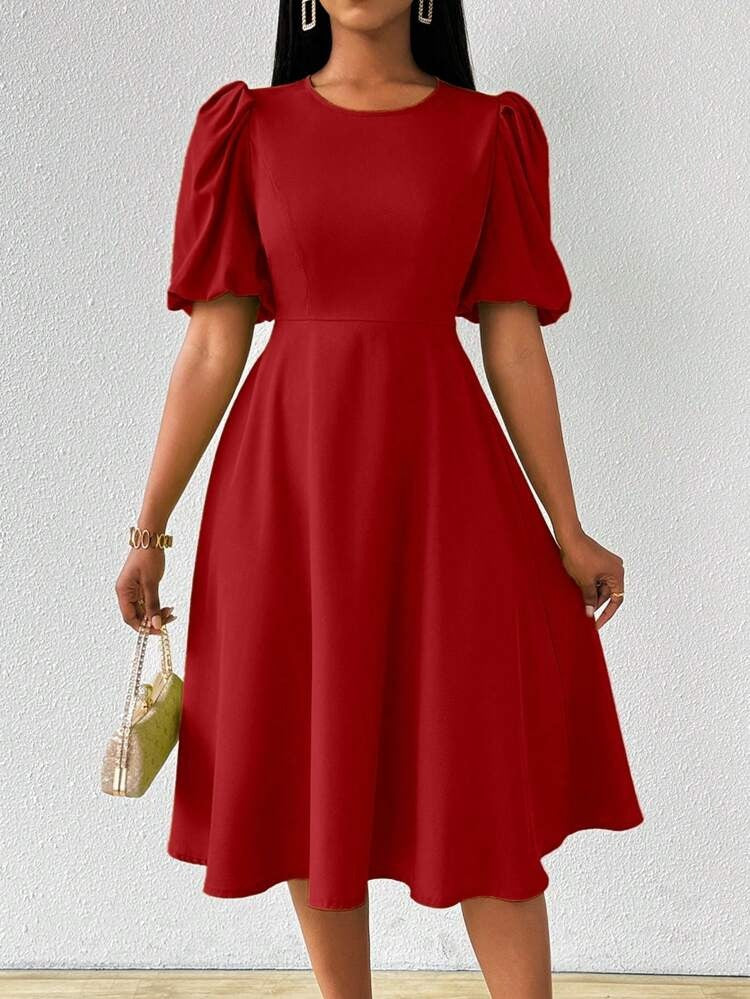 Kadın Kısa Balon Kollu Bisiklet Yaka Kiloş Janjan Krep Elbise