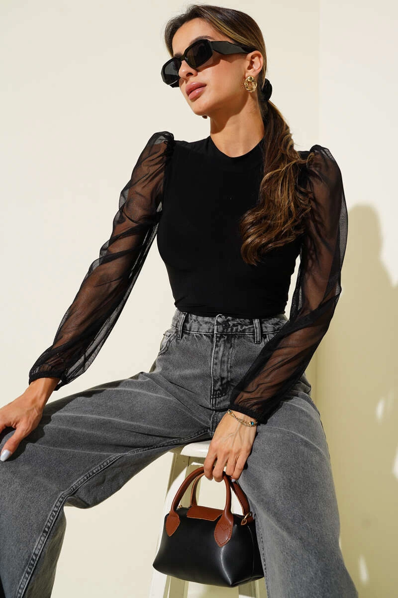 Dik yaka tül kollu bluz siyah t3066