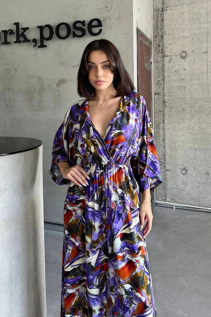 Dokuma baskılı yarasa kol elbise s8124