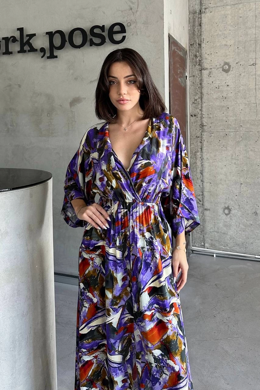 Dokuma baskılı yarasa kol elbise s8124