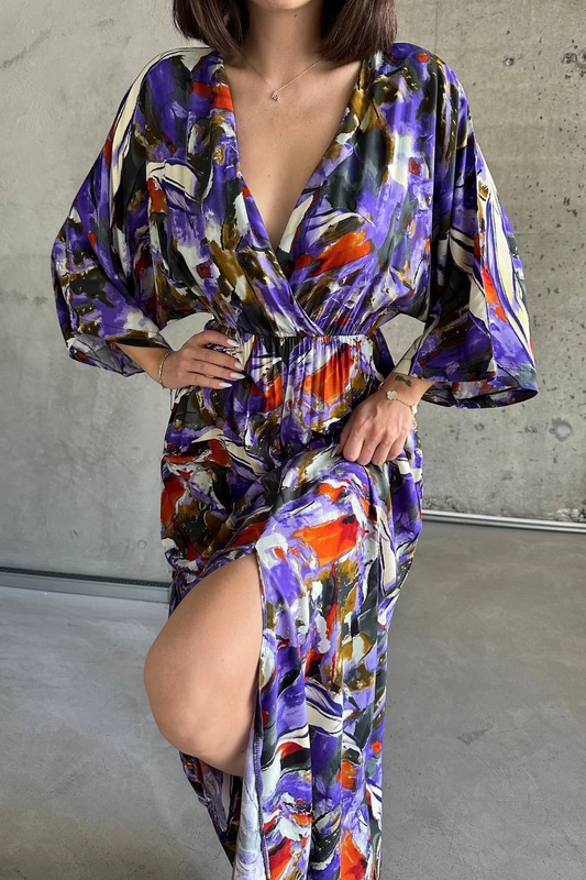 Dokuma baskılı yarasa kol elbise s8124