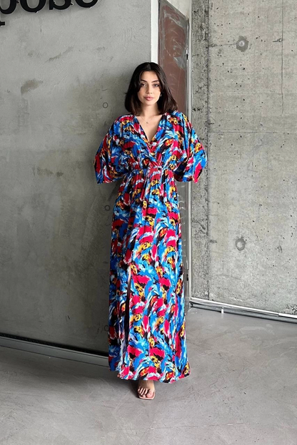 Dokuma baskılı yarasa kol elbise s8124