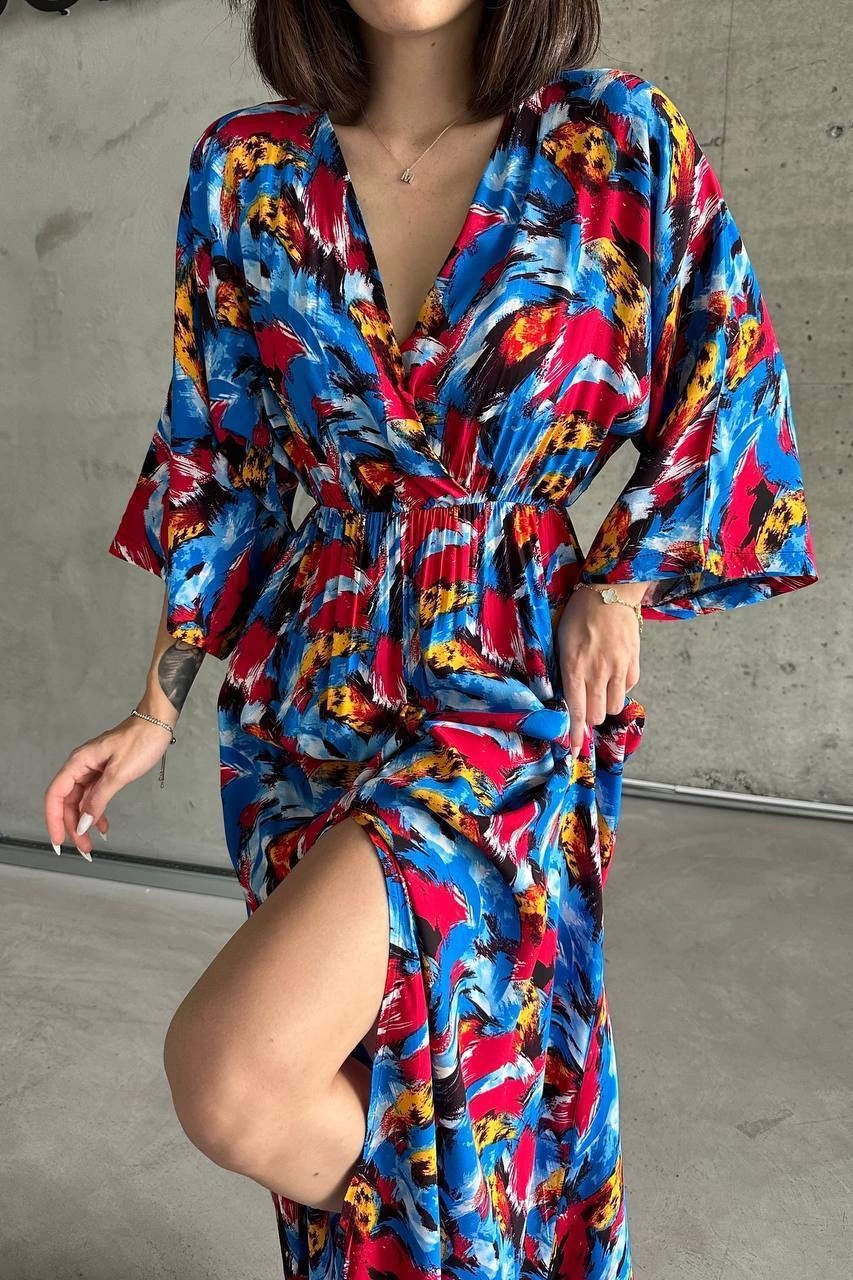 Dokuma baskılı yarasa kol elbise s8124