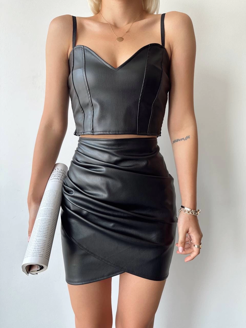 Drapeli deri etek siyah w26771