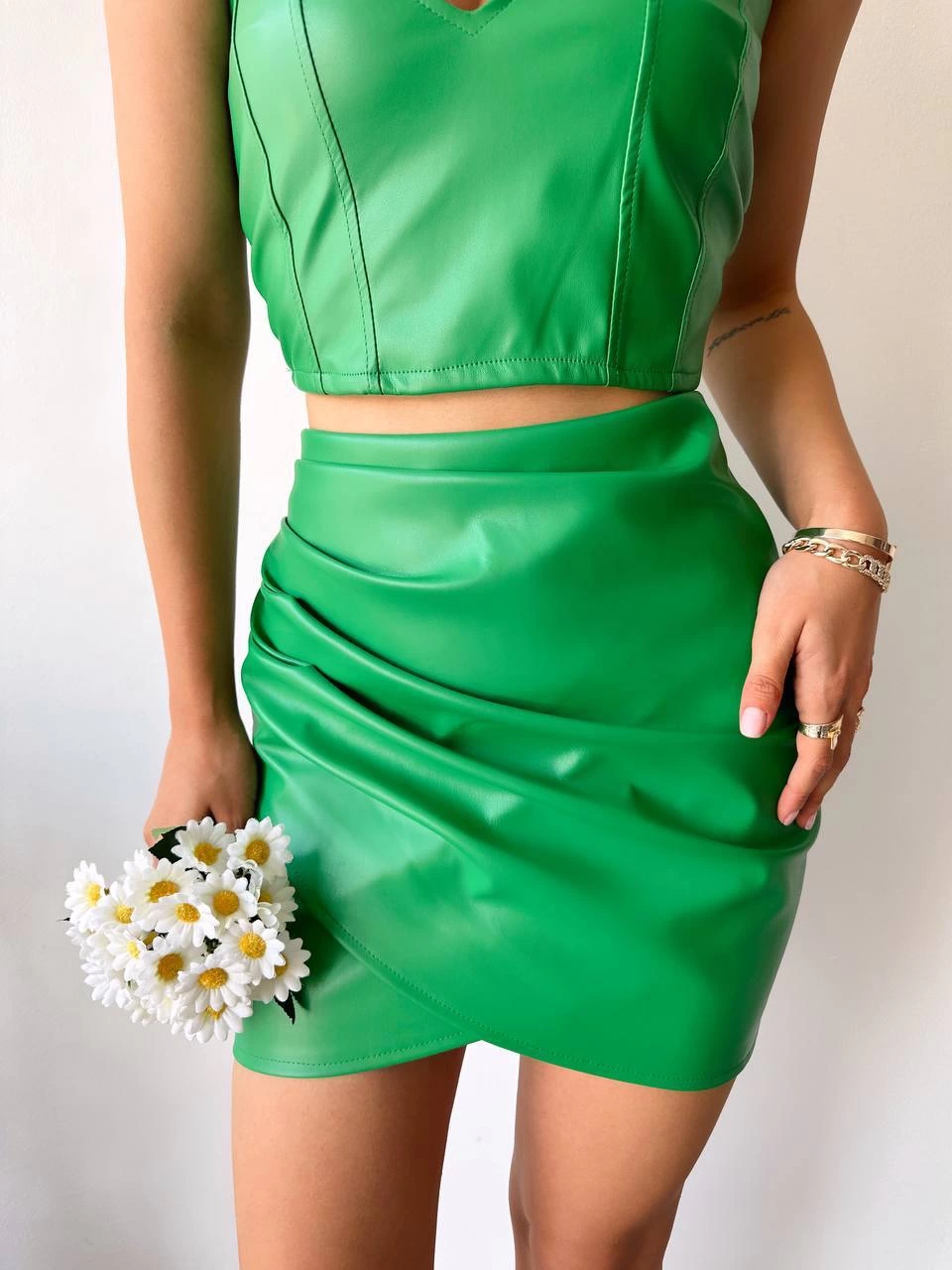 Drapeli deri etek yeşil s24771