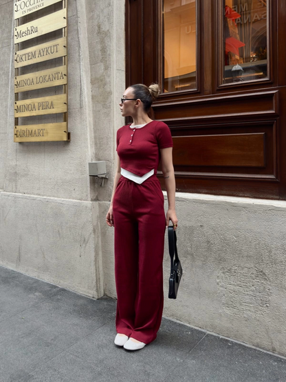 Düğme yakalı bordo alt üst takım s3943