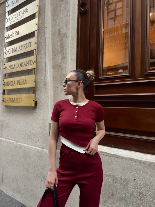 Düğme yakalı bordo alt üst takım s3943