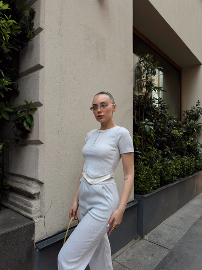 Düğme yakalı gri alt üst takım s3943