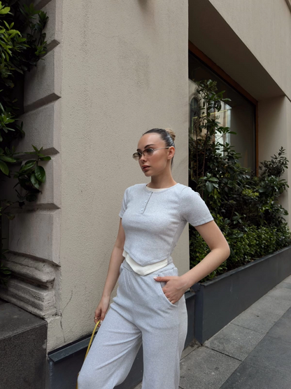 Düğme yakalı gri alt üst takım s3943