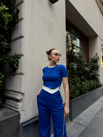 Düğme yakalı saks alt üst takım s3943