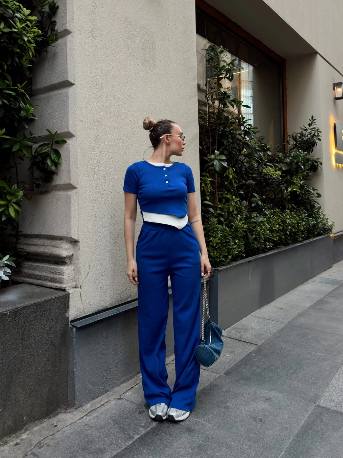 Düğme yakalı saks alt üst takım s3943