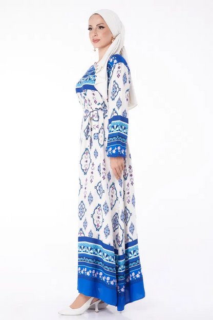 Düz Bisiklet Yaka Kadın Mavi Etnik Desenli Elbise
