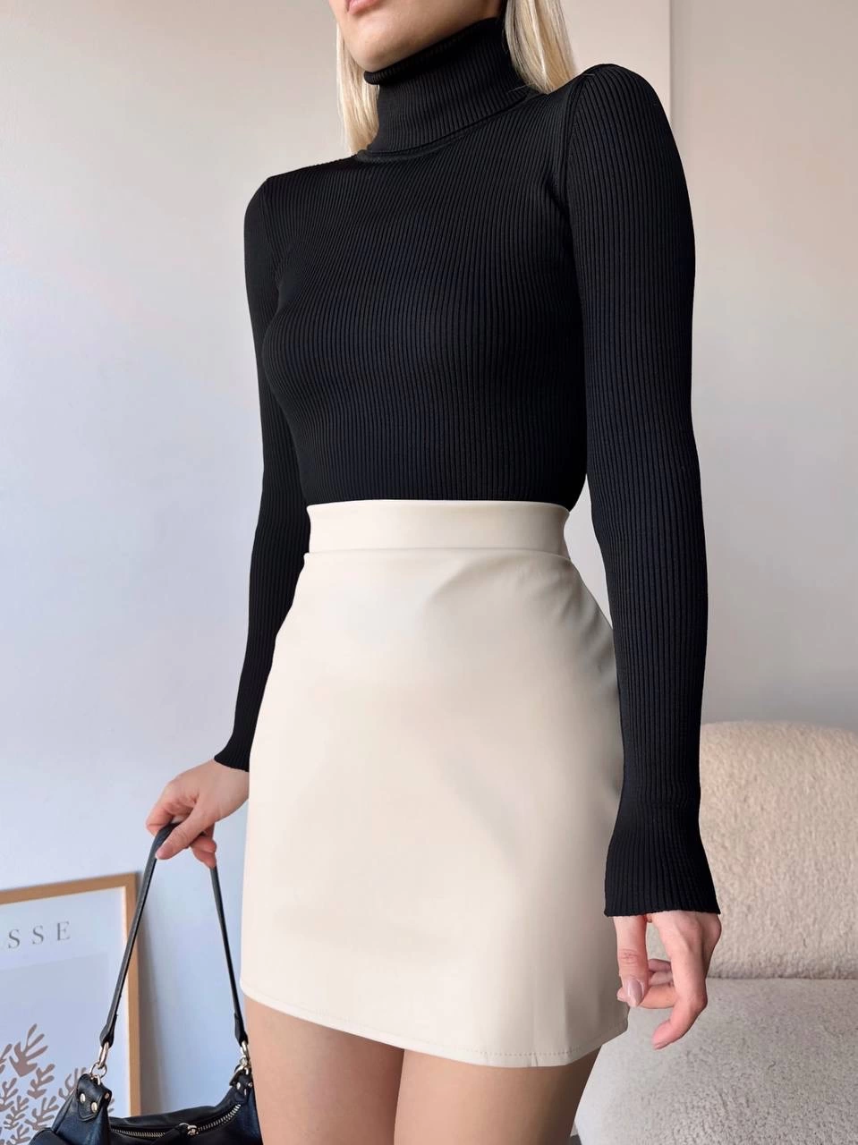 Düz deri etek bej h24468