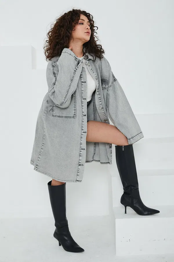 Düz Gömlek Yaka Kadın Gri Kuş Gözü Cepli Kot Ceket