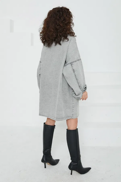 Düz Gömlek Yaka Kadın Gri Kuş Gözü Cepli Kot Ceket