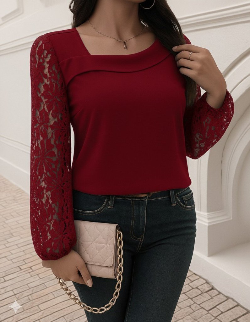 Kadın Uzun Kollu Asimetrik Yakalı Dantelli Ithal Krep Bluz