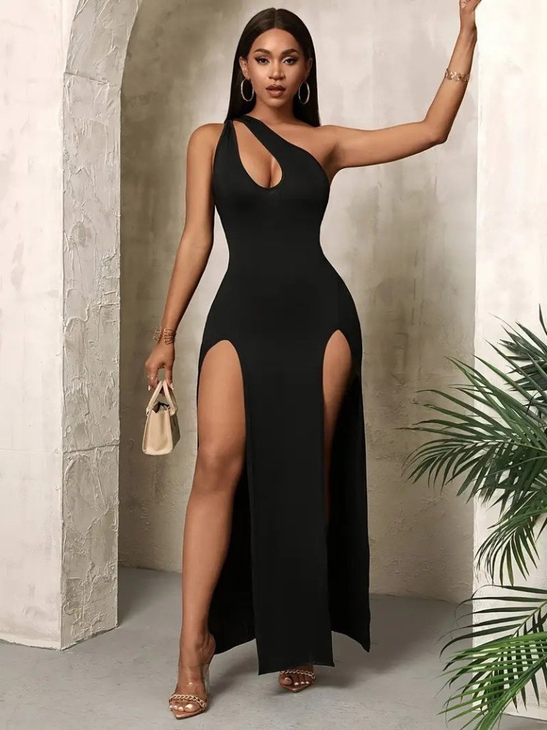 Kadın Tek Omuzdan Açık Damla Detaylı Yırtmaç Detaylı Uzun Janjan Krep Elbise