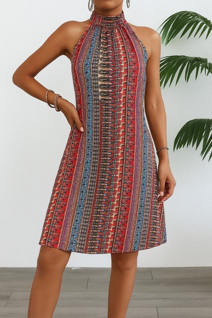 Kadın Kolsuz Boyundan Askılı Desenli Midi Süprem Elbise